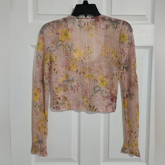 Free People Angelina Cropped Blouse Shirt Women's XS Floral Pleated Scoop Neck - Picture 3 of 11